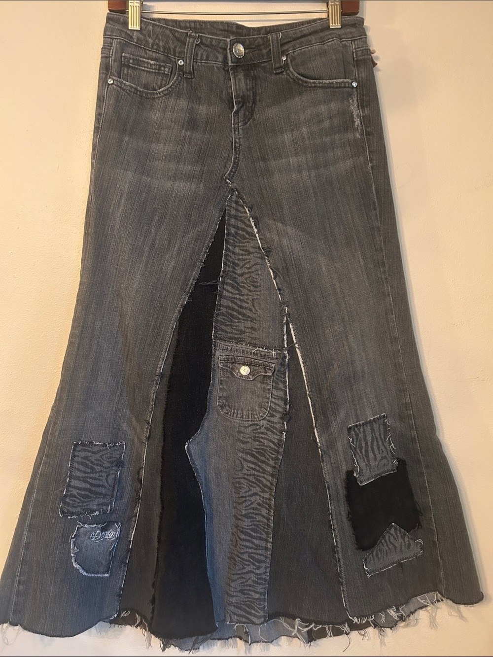 Upcycled patched vigoss grey denim jean maxi skirt